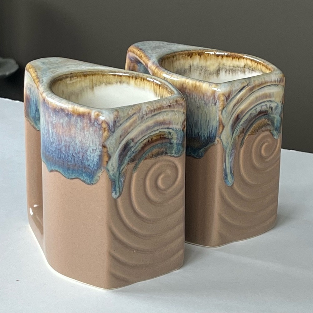 Rodolfo Padilla Pottery, Mexican drip glaze stoneware coffee mugs, set/2